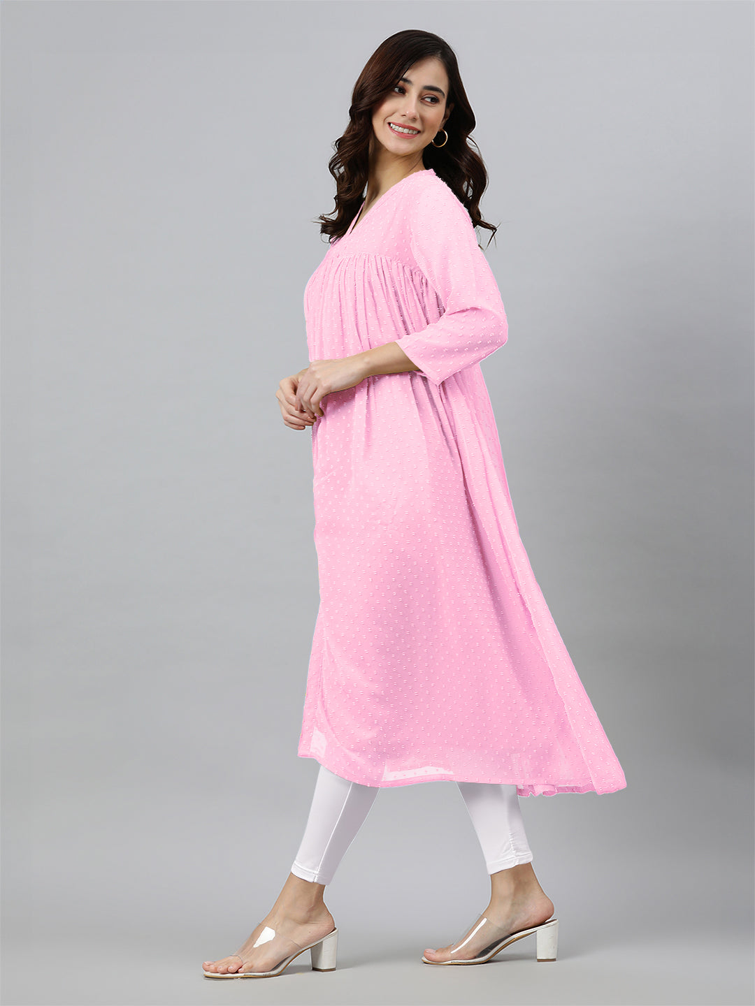 Janasya Light Dobby Chiffon Self Design Flared Kurta | Swadesiicart