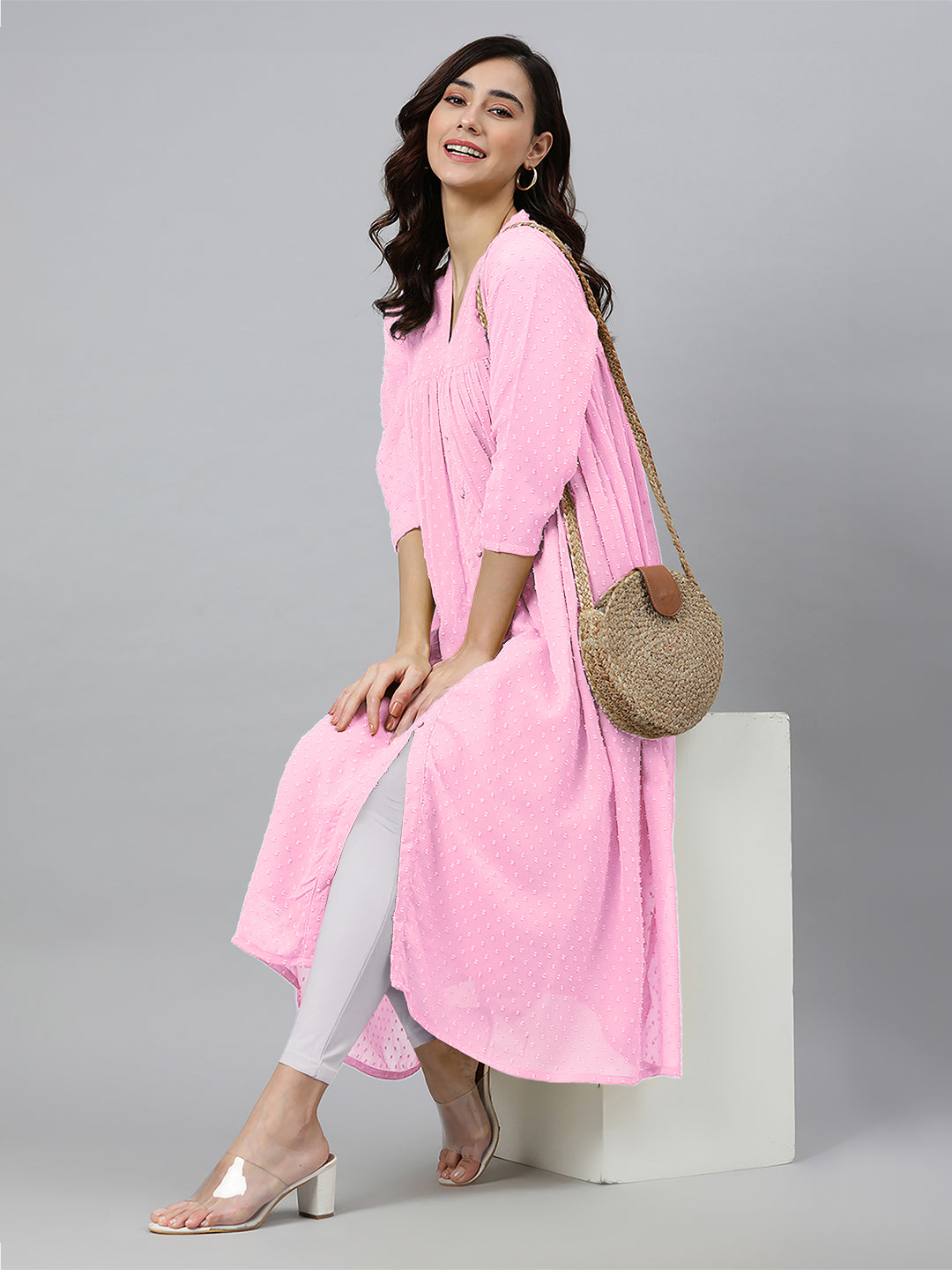 Janasya Light Dobby Chiffon Self Design Flared Kurta | Swadesiicart