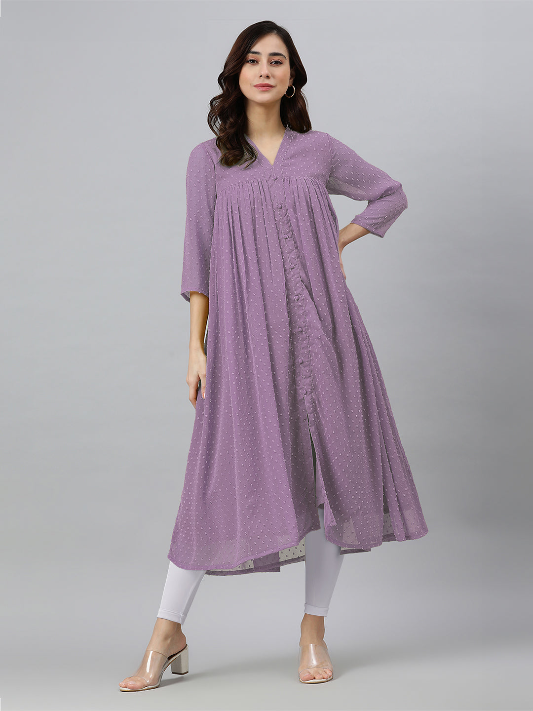 Janasya Light Dobby Chiffon Solid Flared Kurta | Swadesiicart