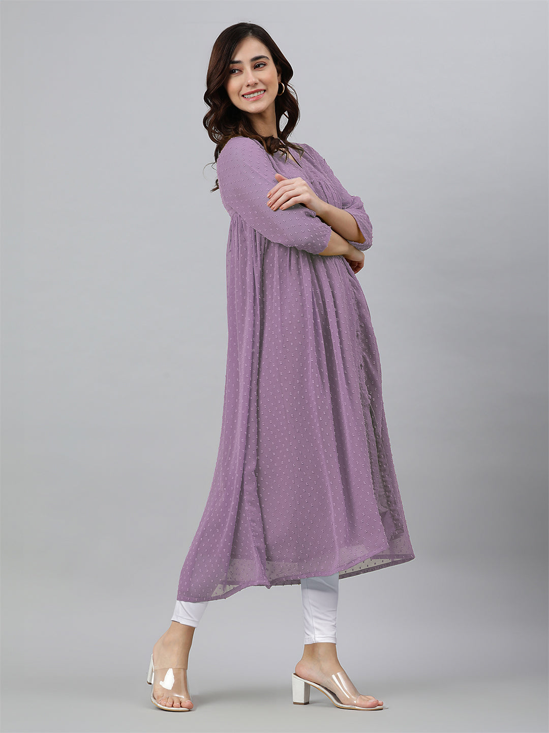 Janasya Light Dobby Chiffon Solid Flared Kurta | Swadesiicart