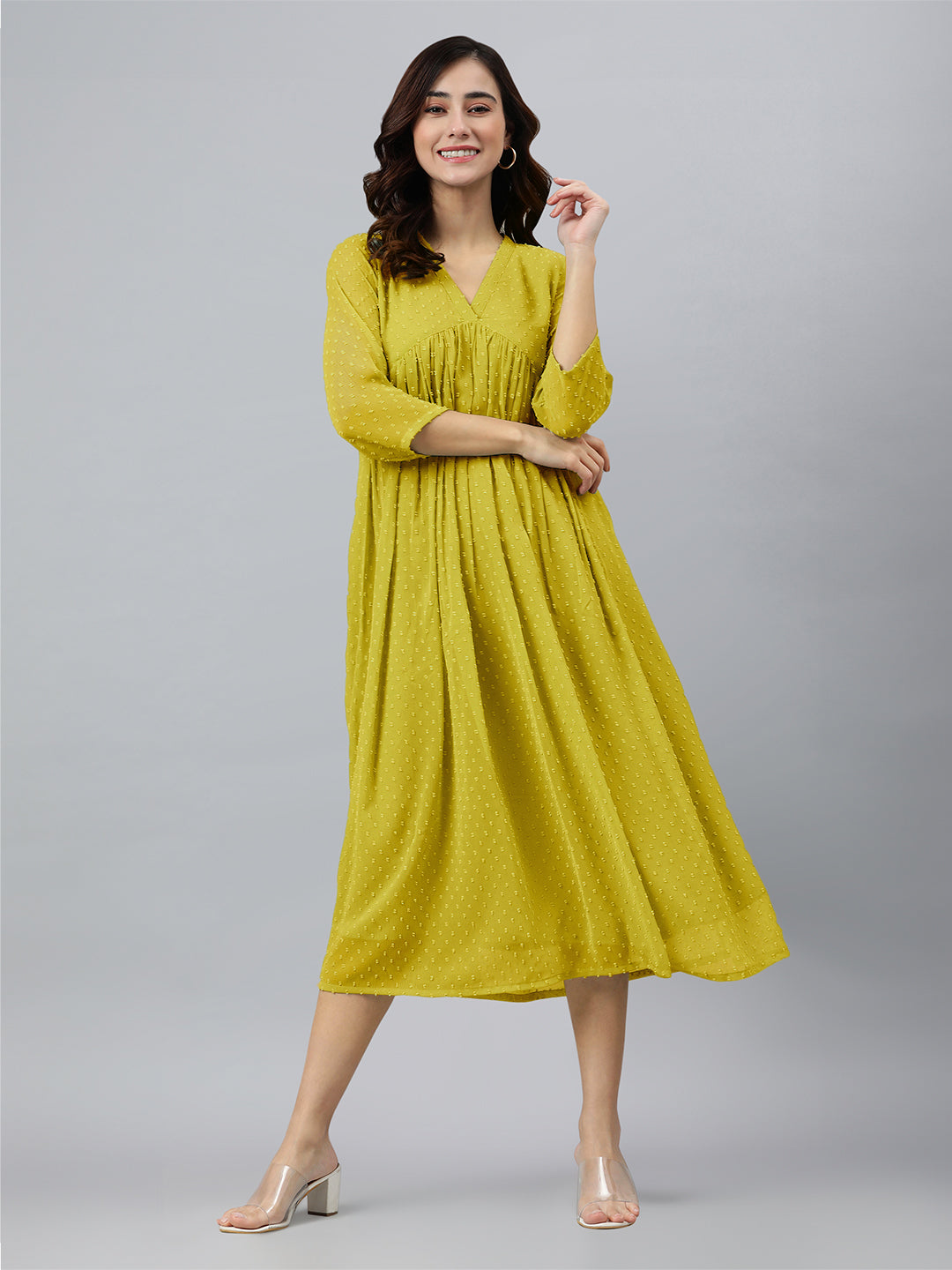 Janasya Bright Dobby Chiffon Self Design Flared Kurta - Swadesiicart