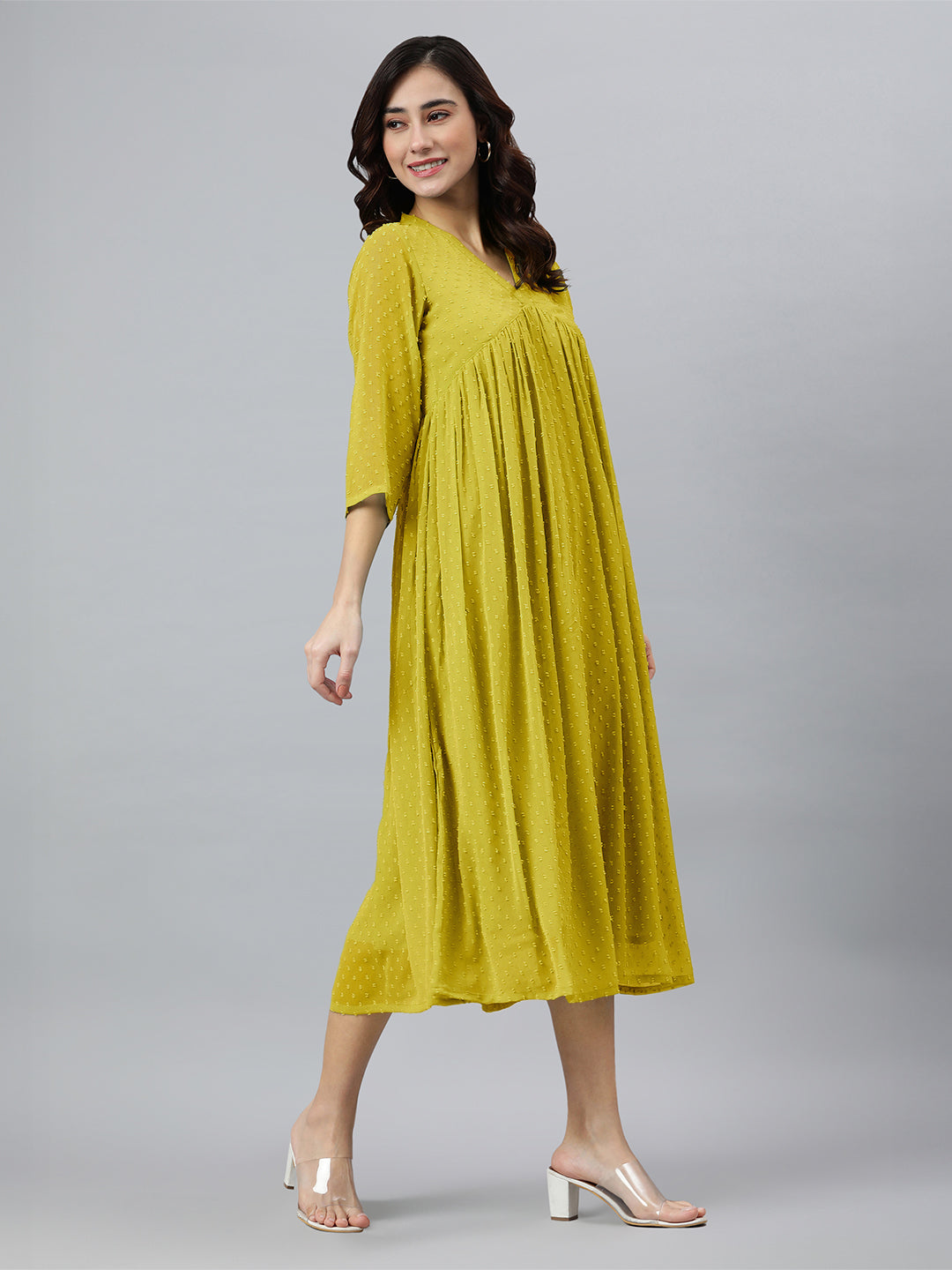 Janasya Bright Dobby Chiffon Self Design Flared Kurta - Swadesiicart