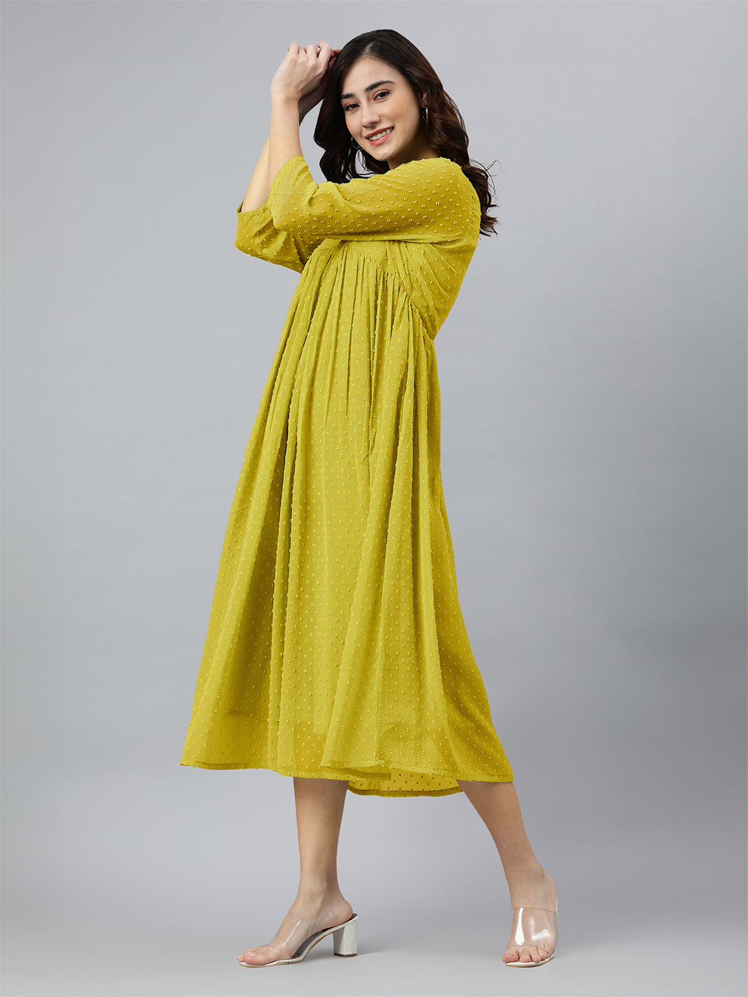 Janasya Bright Dobby Chiffon Self Design Flared Kurta - Swadesiicart