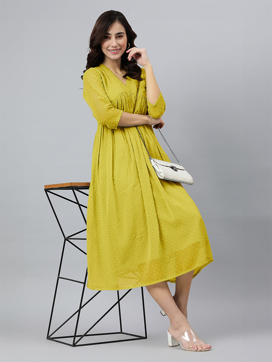 Janasya Bright Dobby Chiffon Self Design Flared Kurta - Swadesiicart