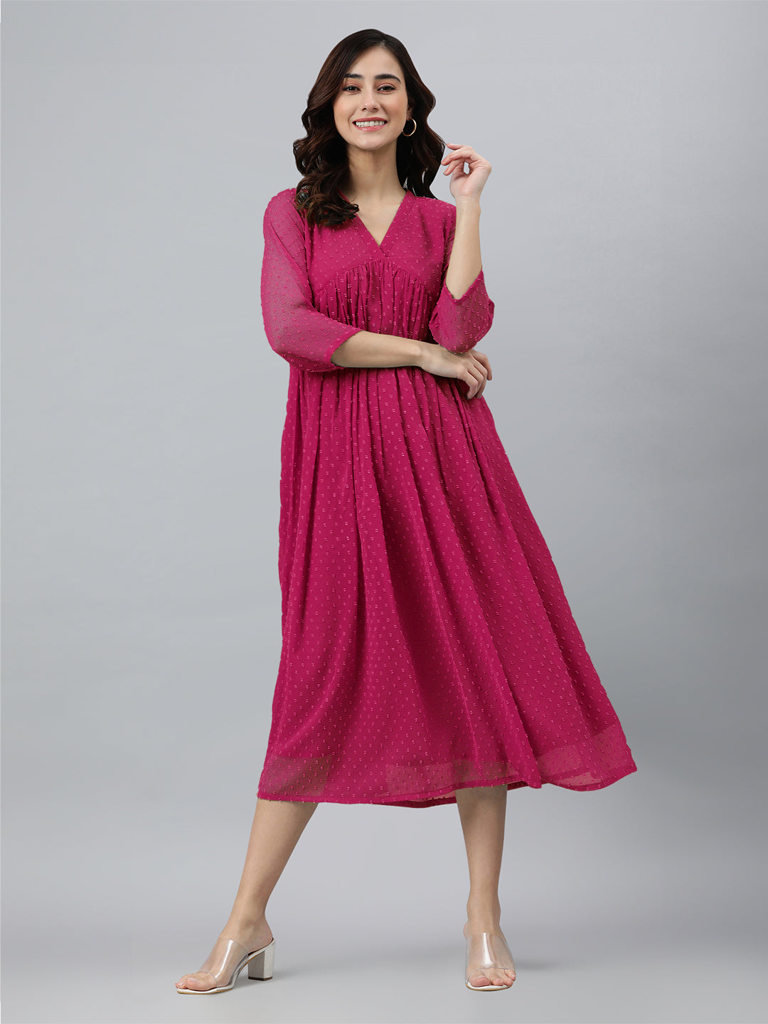 Janasya Bright Dobby Chiffon Self Design Flared Kurta - Swadesiicart
