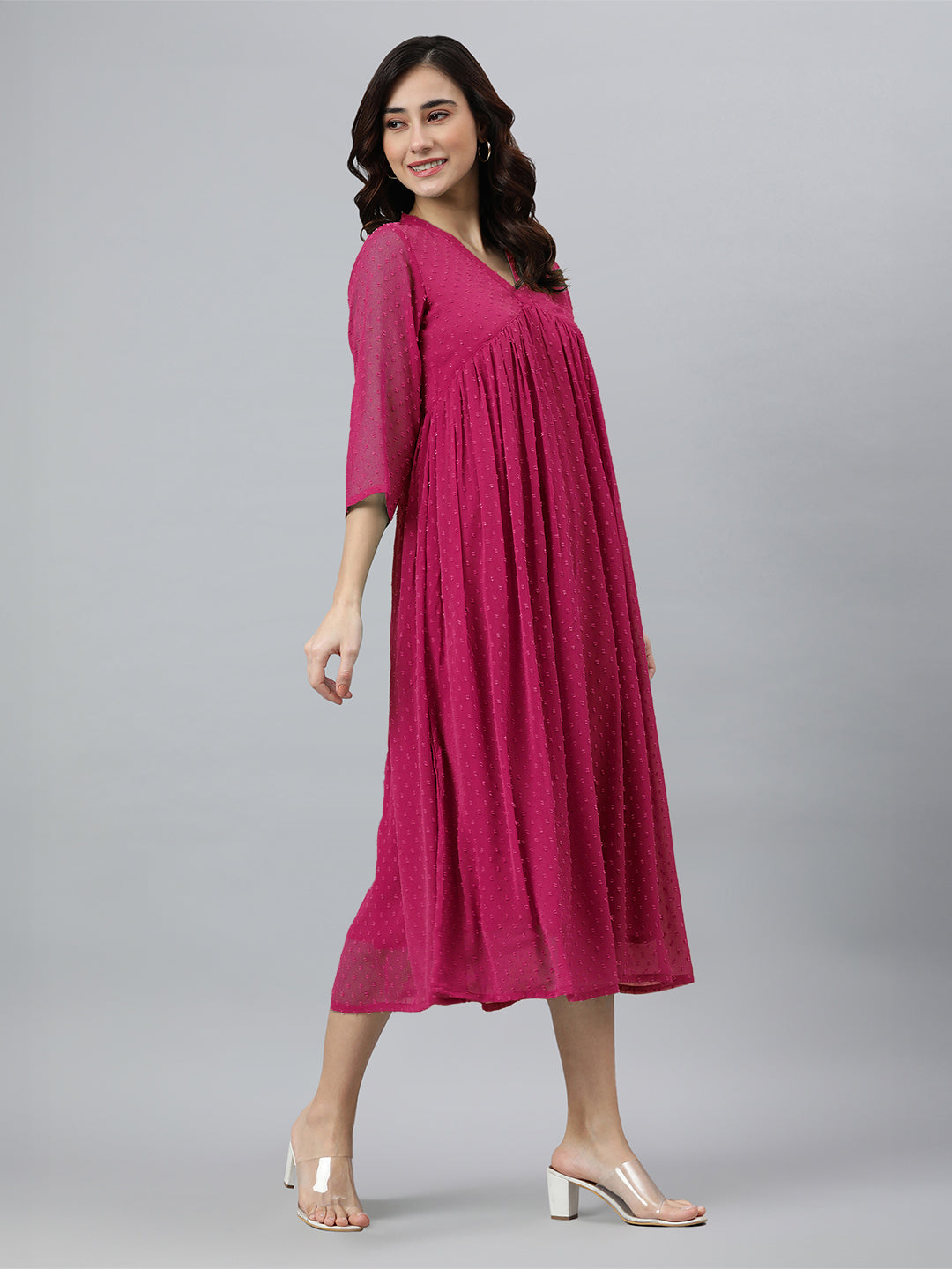 Janasya Bright Dobby Chiffon Self Design Flared Kurta - Swadesiicart