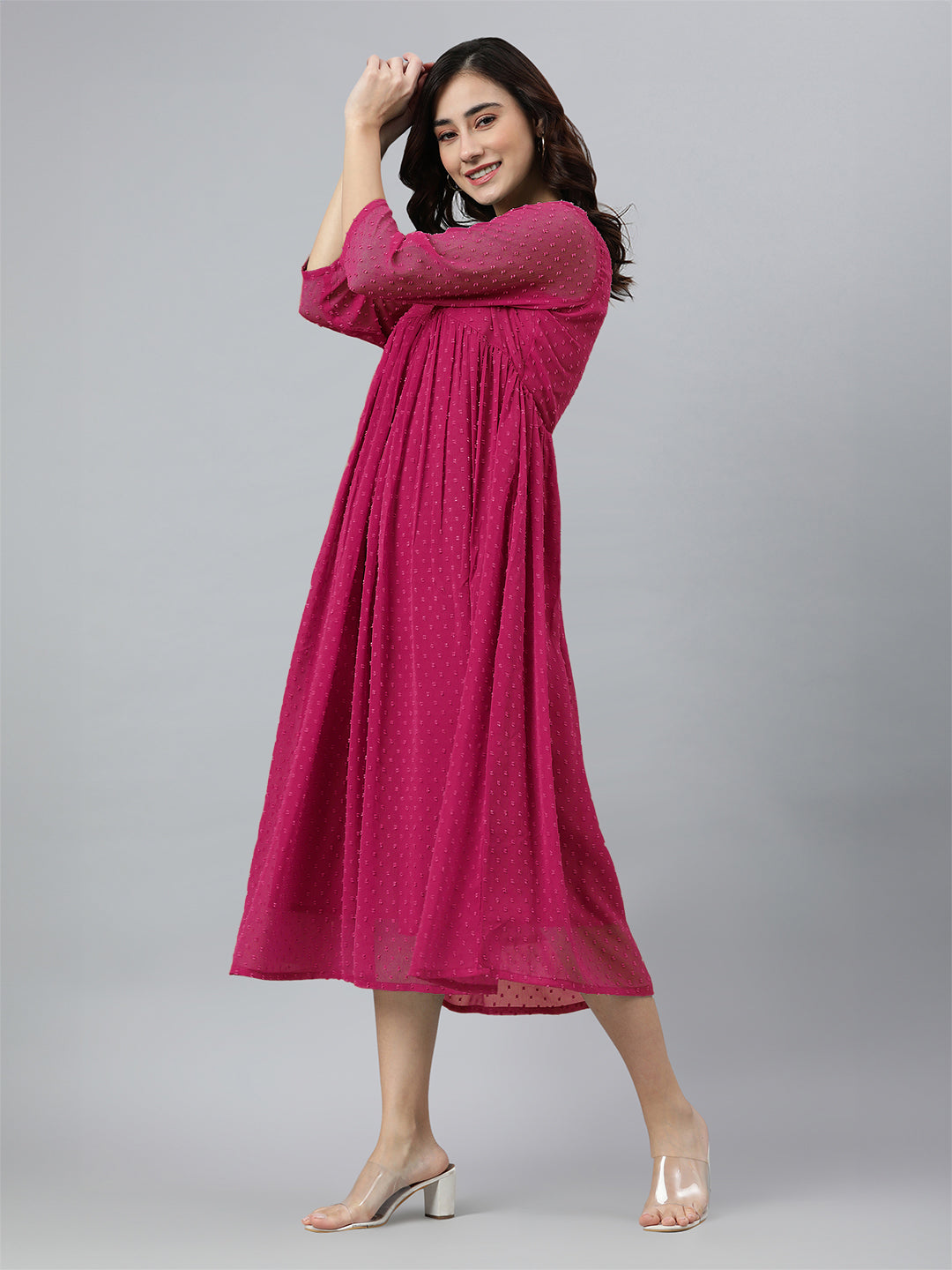 Janasya Bright Dobby Chiffon Self Design Flared Kurta - Swadesiicart