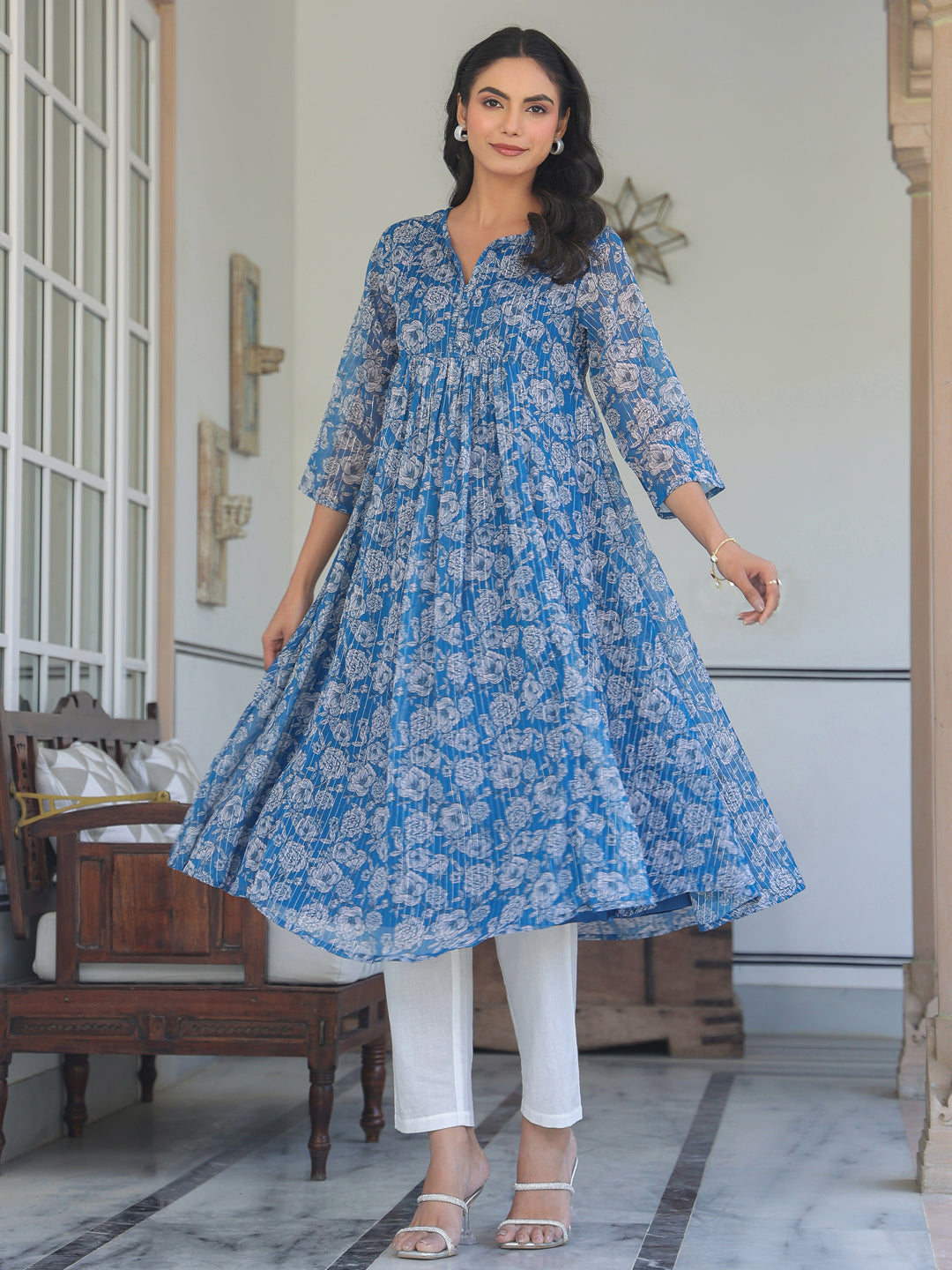Janasya Dark Chiffon Floral A-Line Kurta | Swadesiicart