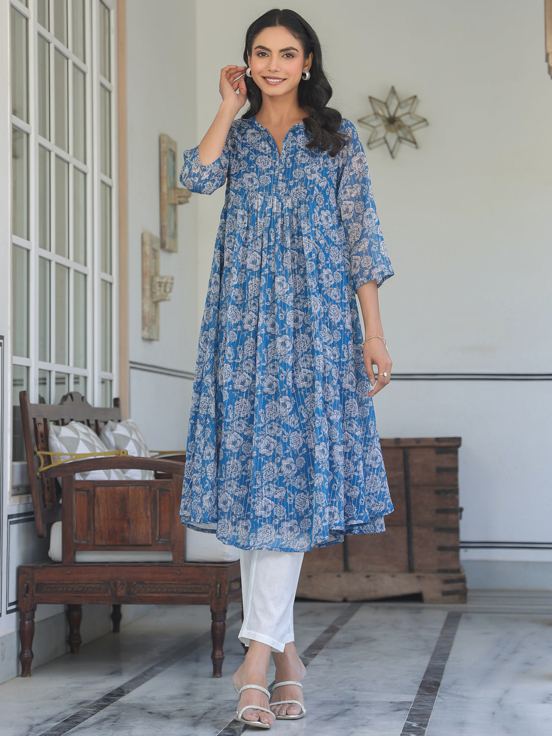 Janasya Dark Chiffon Floral A-Line Kurta | Swadesiicart