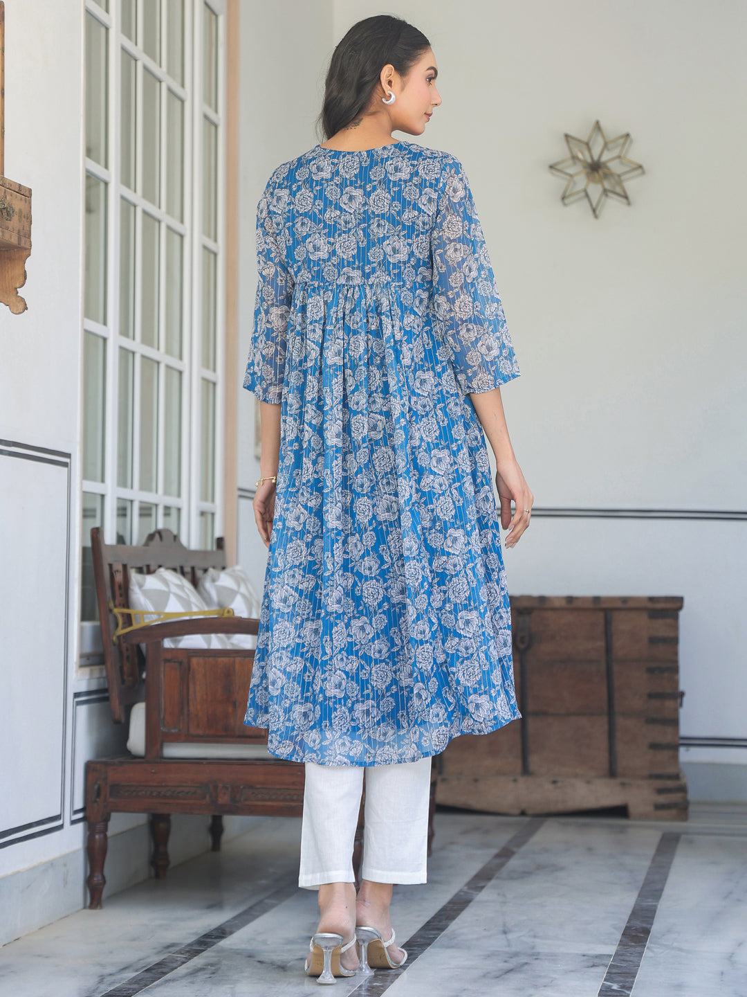 Janasya Dark Chiffon Floral A-Line Kurta | Swadesiicart