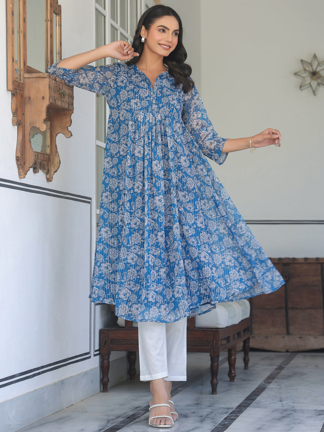 Janasya Dark Chiffon Floral A-Line Kurta | Swadesiicart