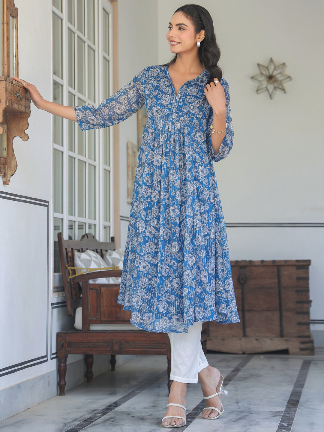 Janasya Dark Chiffon Floral A-Line Kurta | Swadesiicart
