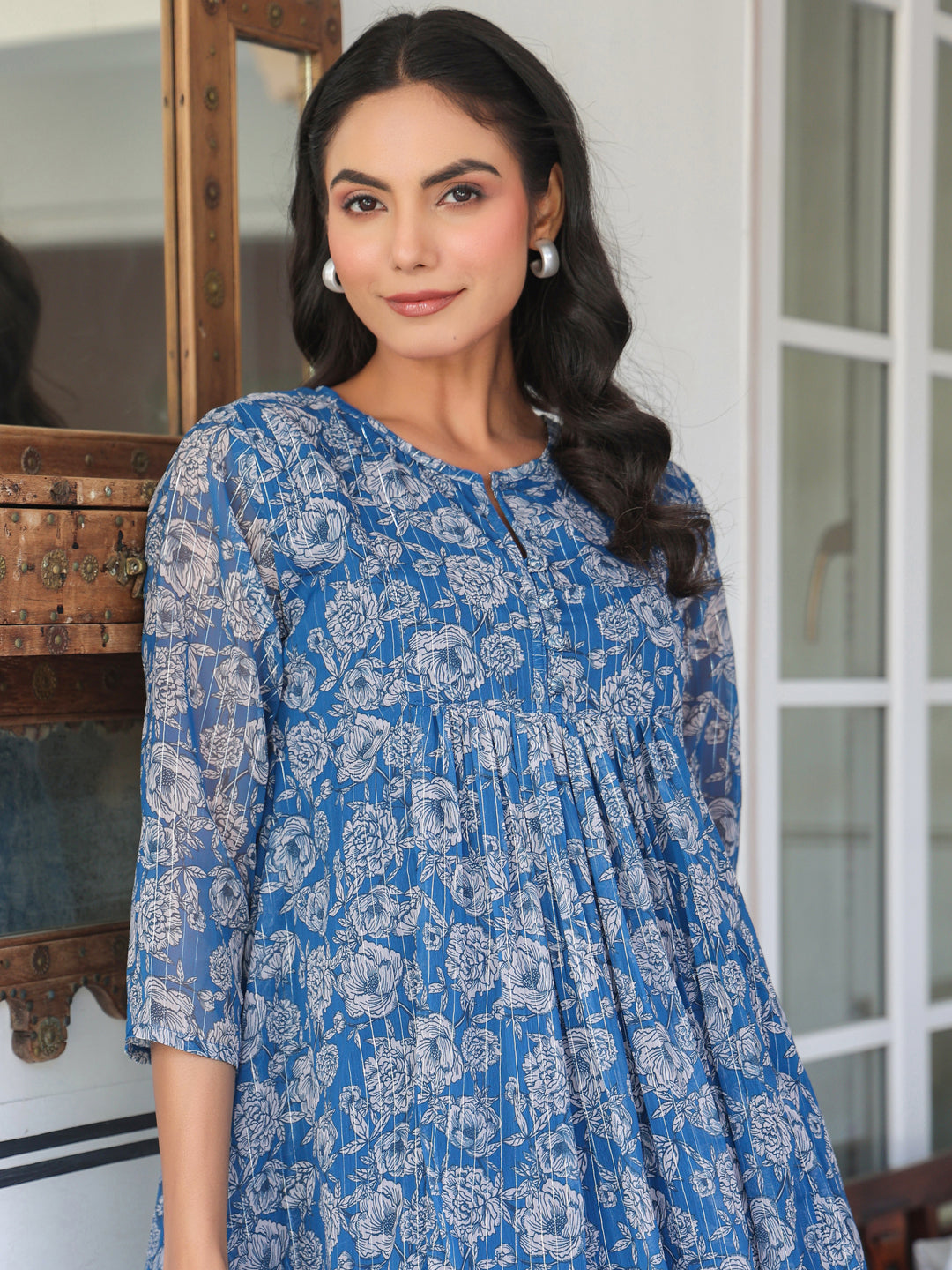 Janasya Dark Chiffon Floral A-Line Kurta | Swadesiicart