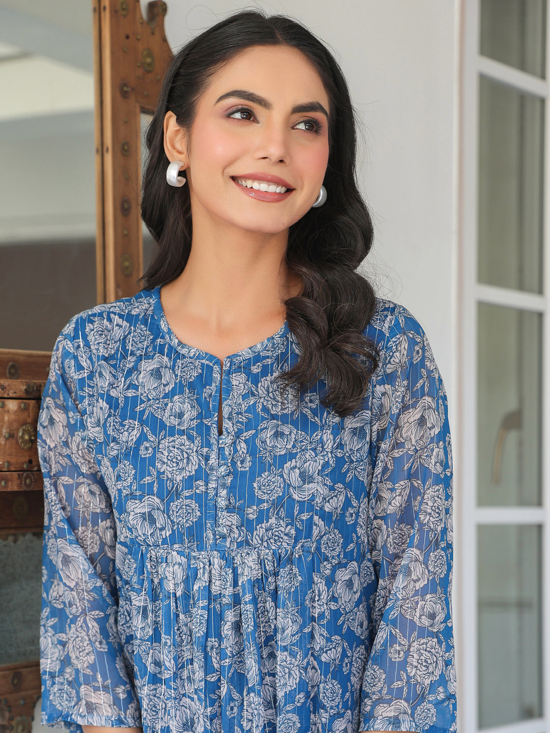 Janasya Dark Chiffon Floral A-Line Kurta | Swadesiicart
