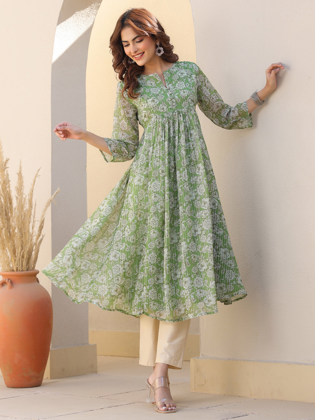 Janasya Dark Chiffon Floral A-Line Kurta | Swadesiicart