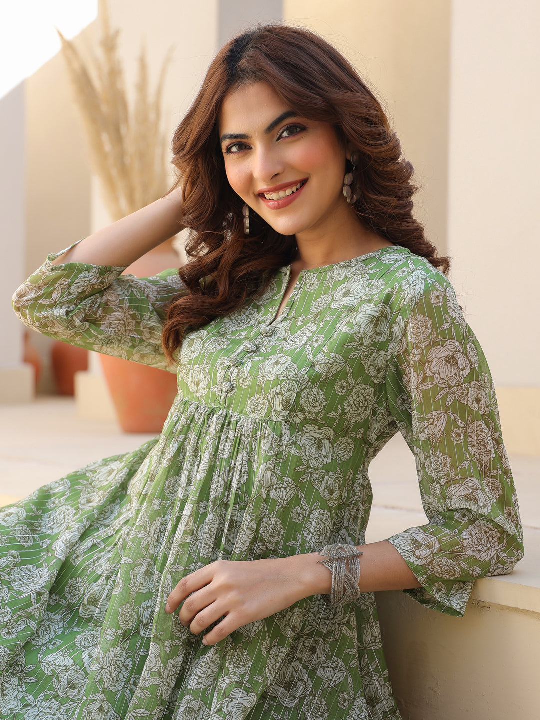Janasya Dark Chiffon Floral A-Line Kurta | Swadesiicart