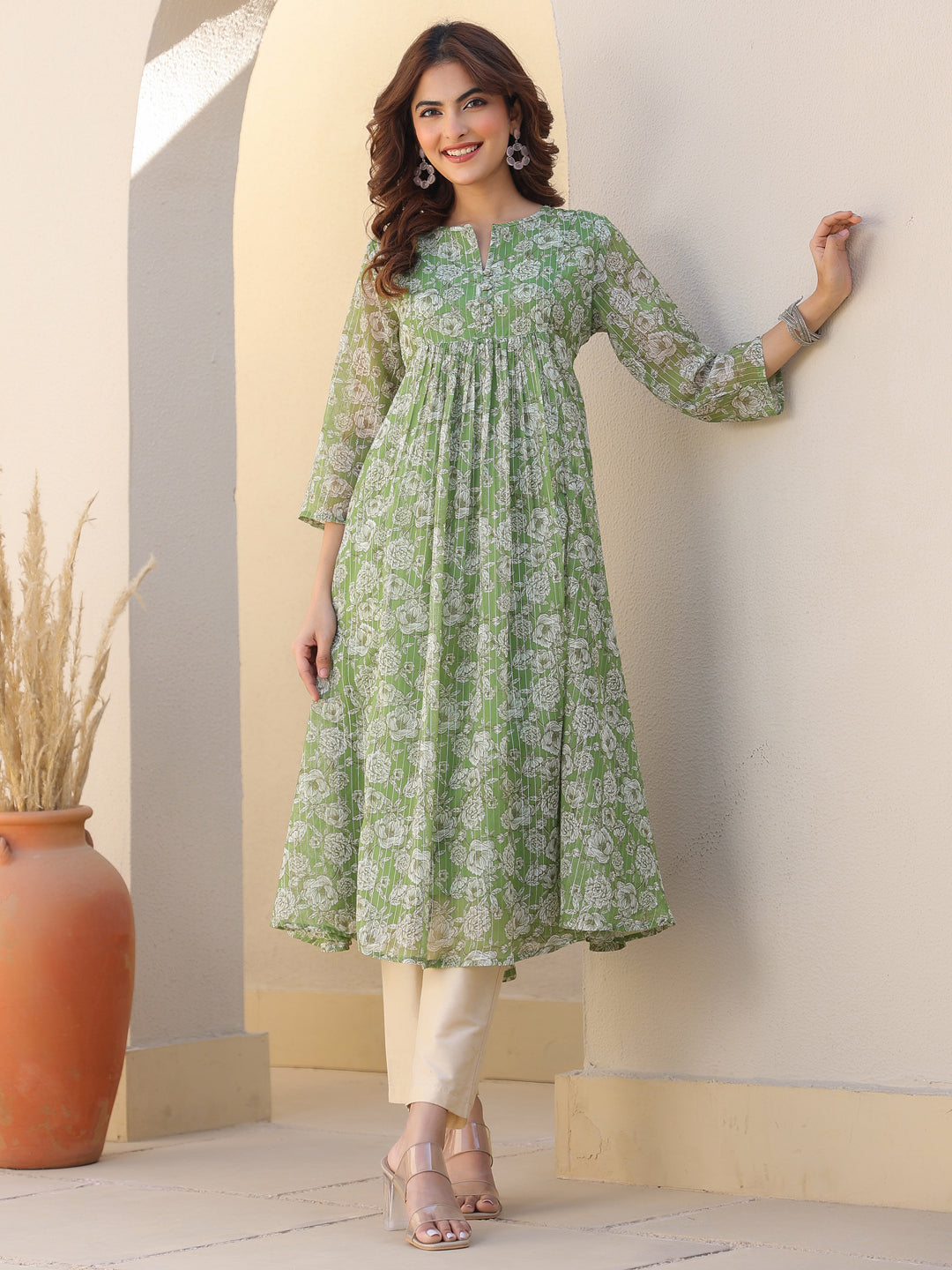 Janasya Dark Chiffon Floral A-Line Kurta | Swadesiicart