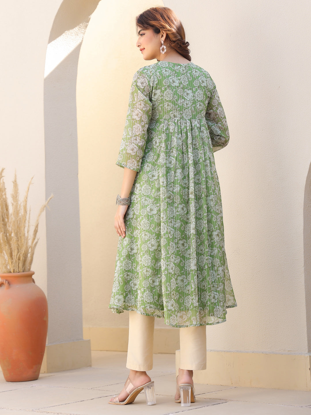 Janasya Dark Chiffon Floral A-Line Kurta | Swadesiicart