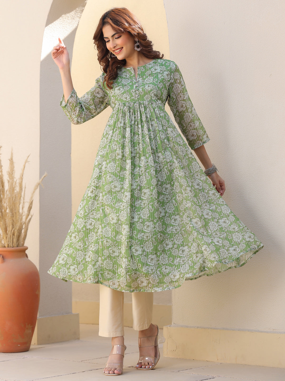 Janasya Dark Chiffon Floral A-Line Kurta | Swadesiicart
