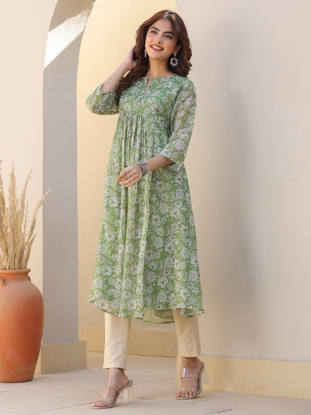 Janasya Dark Chiffon Floral A-Line Kurta | Swadesiicart