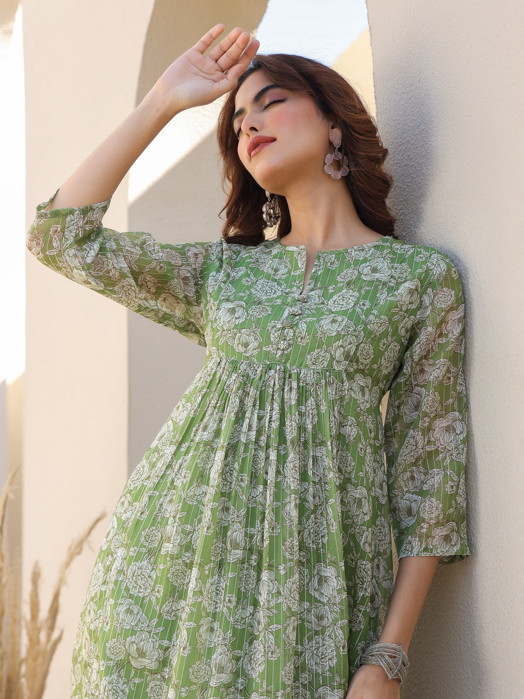 Janasya Dark Chiffon Floral A-Line Kurta | Swadesiicart