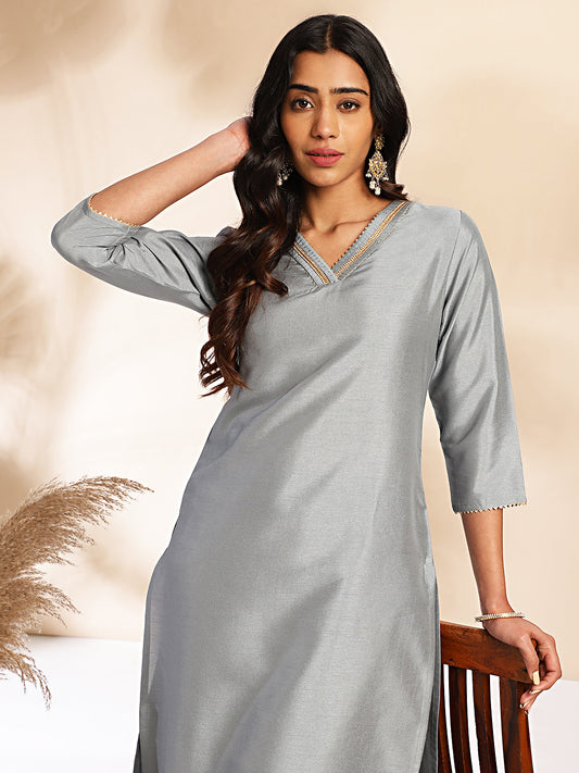 Janasya Grey Crepe Silk Solid Regular Kurta Set - Swadesiicart