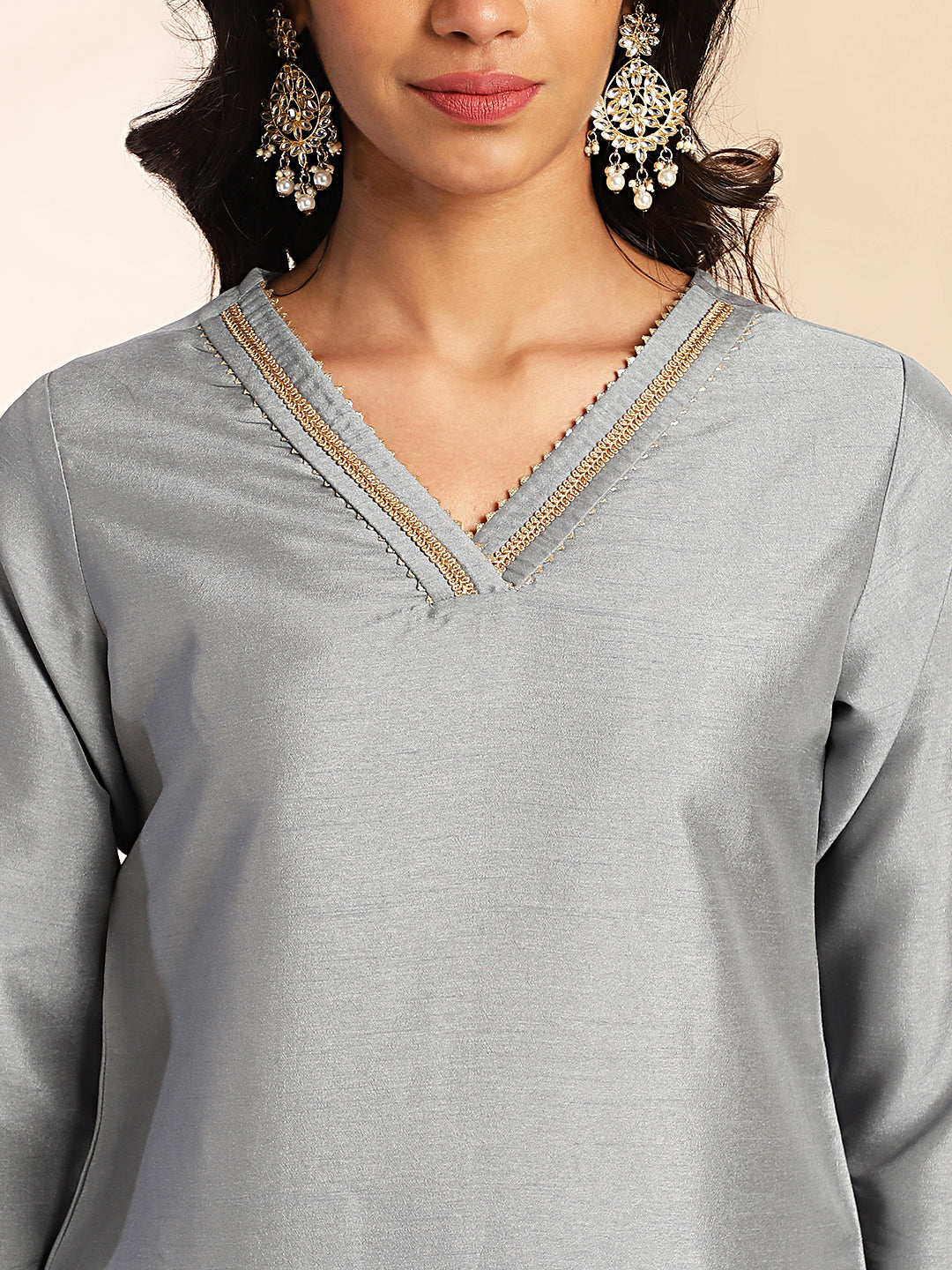 Janasya Grey Crepe Silk Solid Regular Kurta Set - Swadesiicart