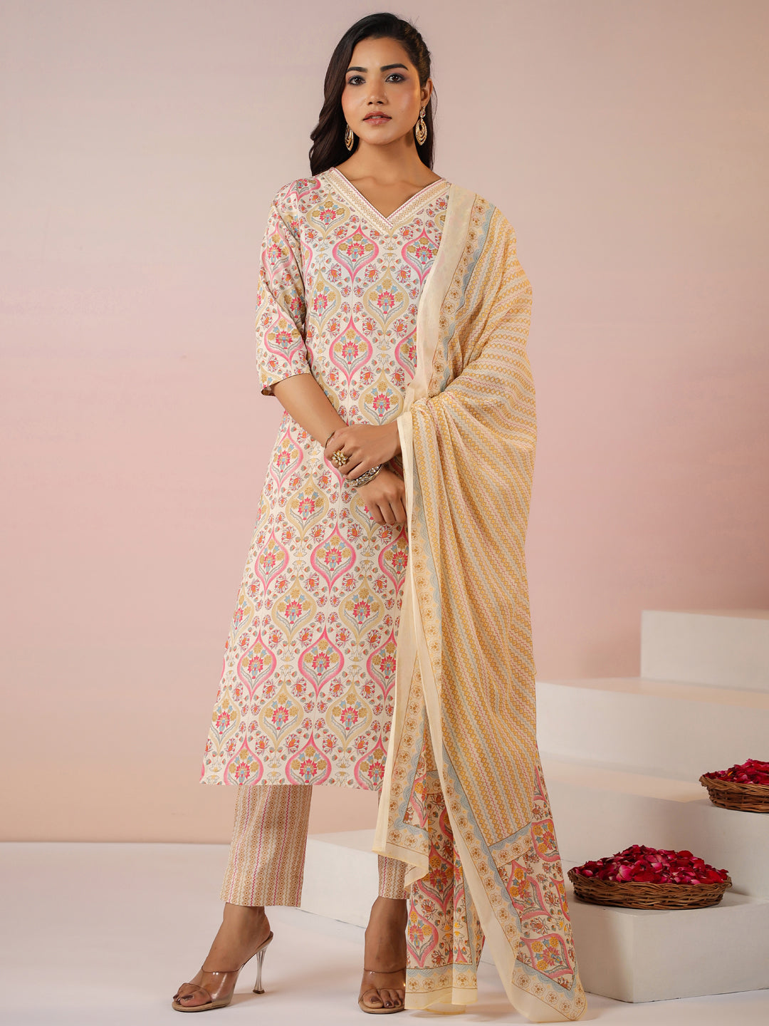 Janasya Beige Cambric Ethnic Motifs Kurta,Bottom & Dupatta | Swadesiicart