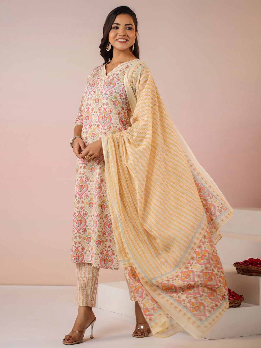 Janasya Beige Cambric Ethnic Motifs Kurta,Bottom & Dupatta | Swadesiicart