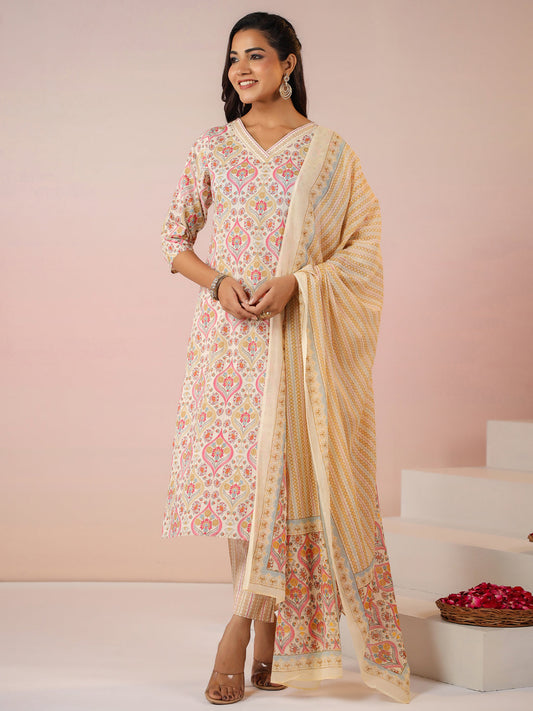 Janasya Beige Cambric Ethnic Motifs Kurta,Bottom & Dupatta | Swadesiicart
