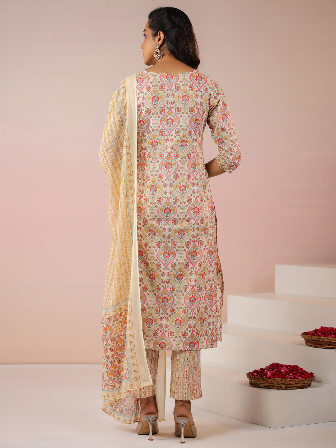 Janasya Beige Cambric Ethnic Motifs Kurta,Bottom & Dupatta | Swadesiicart
