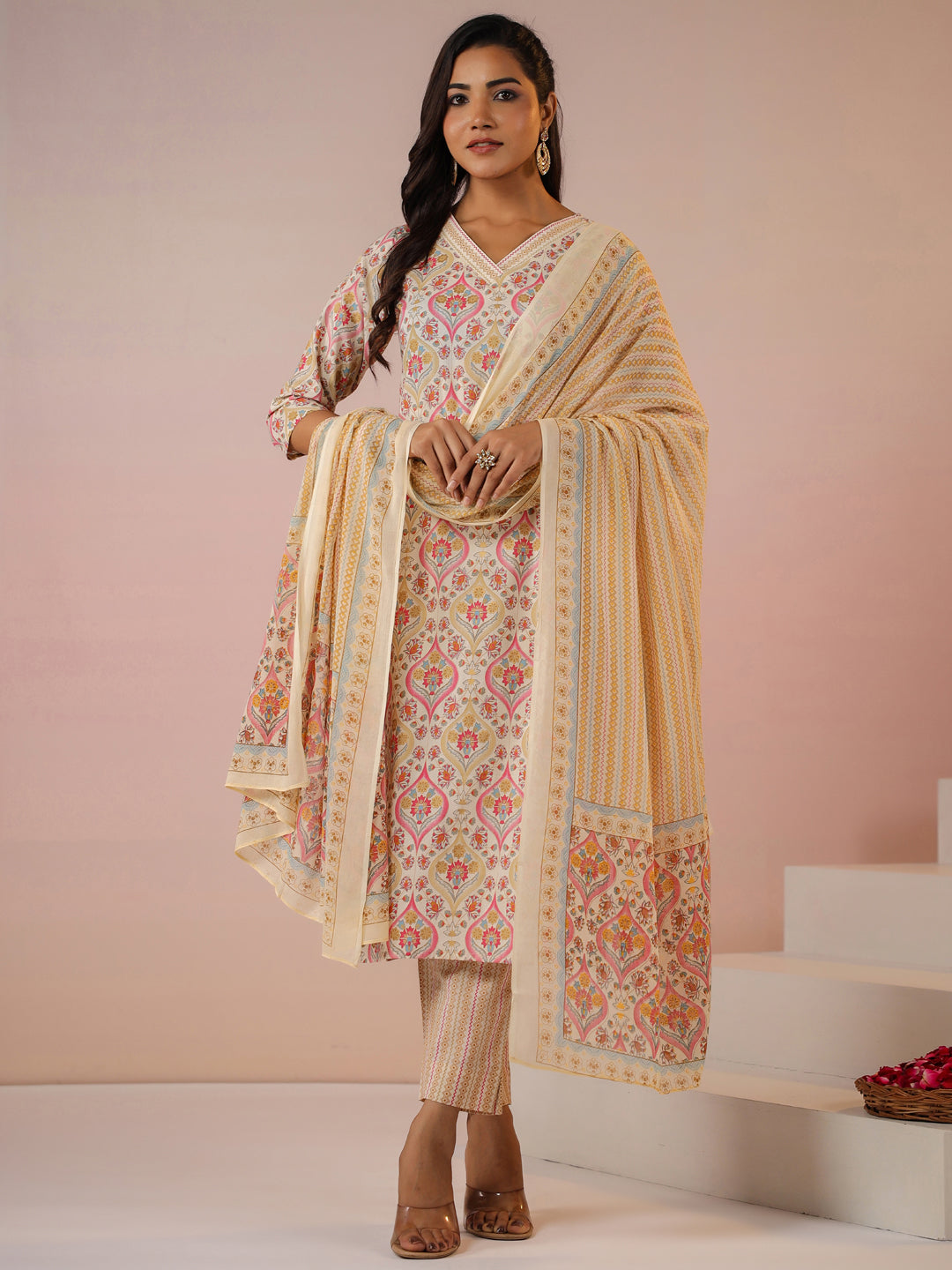 Janasya Beige Cambric Ethnic Motifs Kurta,Bottom & Dupatta | Swadesiicart