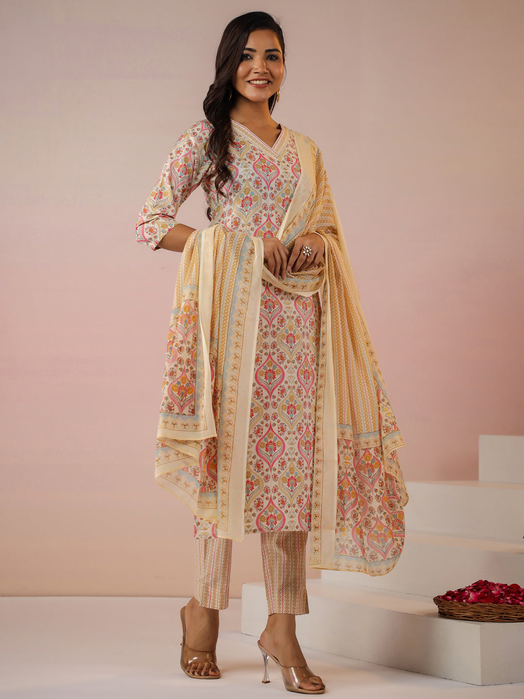 Janasya Beige Cambric Ethnic Motifs Kurta,Bottom & Dupatta | Swadesiicart