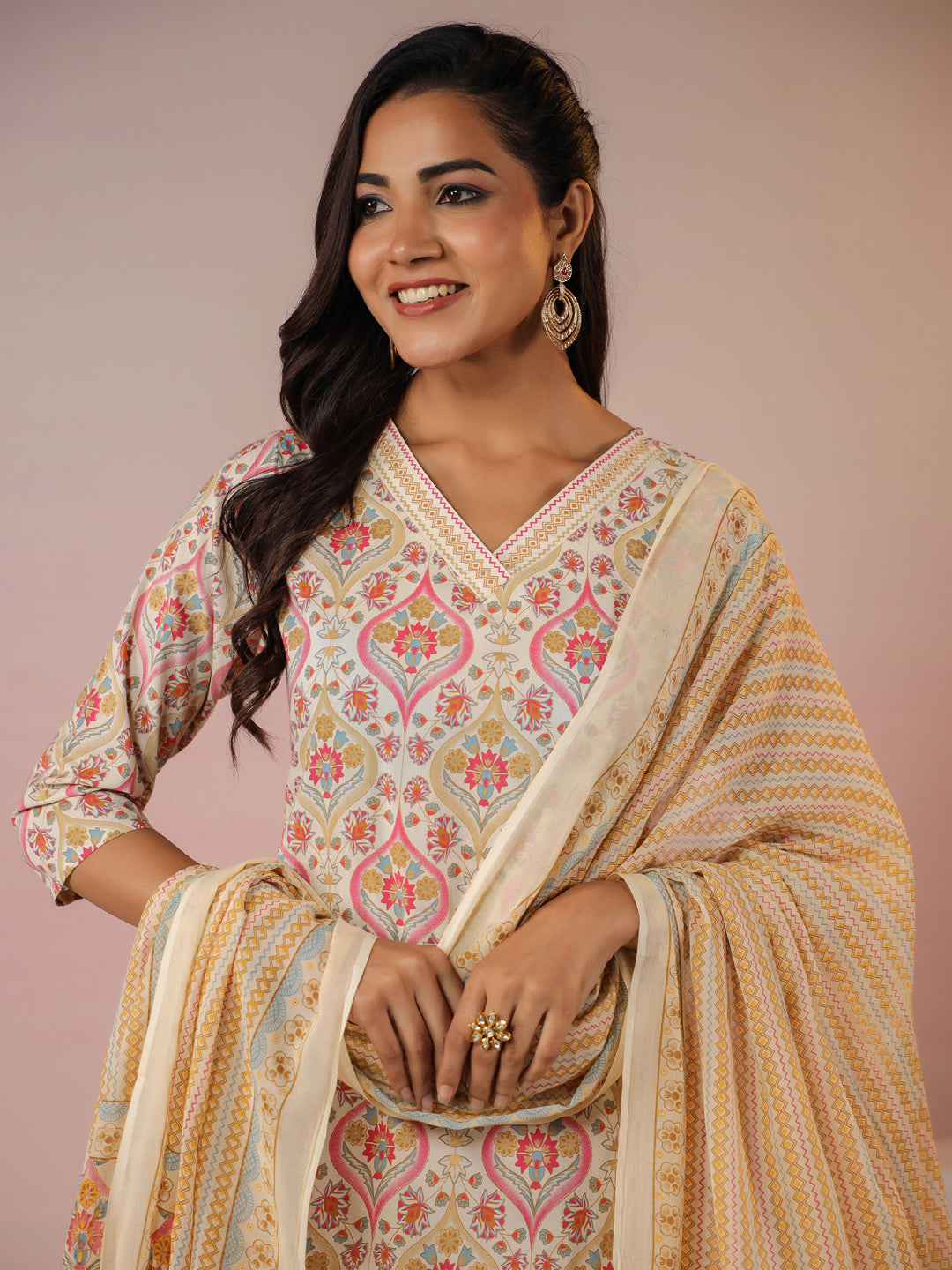 Janasya Beige Cambric Ethnic Motifs Kurta,Bottom & Dupatta | Swadesiicart