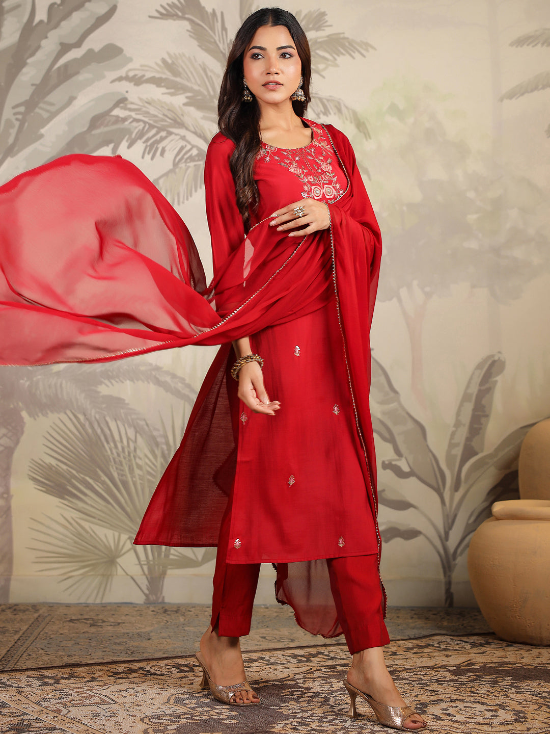 Janasya Dark Chanderi Embroidered Straight Kurta Set | Swadesiicart