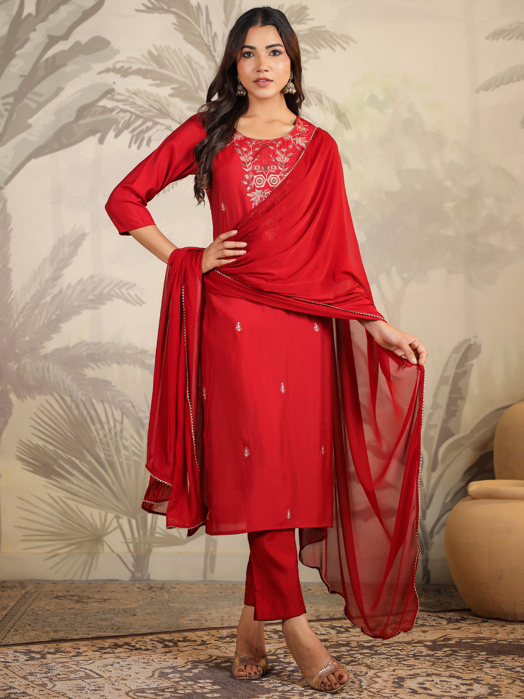Janasya Dark Chanderi Embroidered Straight Kurta Set | Swadesiicart