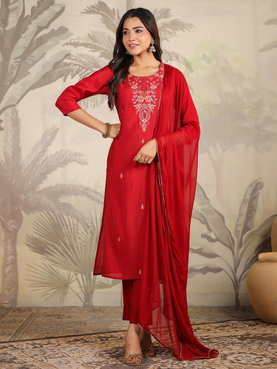 Janasya Dark Chanderi Embroidered Straight Kurta Set | Swadesiicart