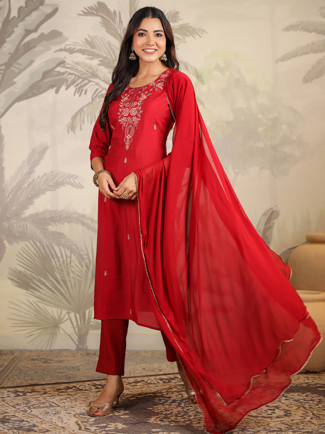 Janasya Dark Chanderi Embroidered Straight Kurta Set | Swadesiicart