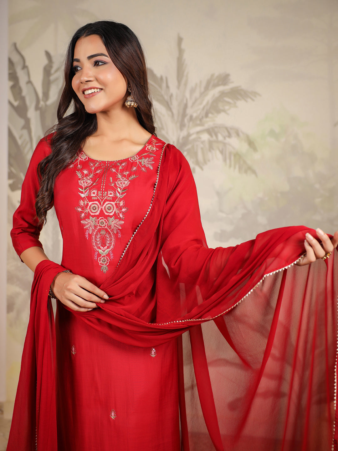 Janasya Dark Chanderi Embroidered Straight Kurta Set | Swadesiicart