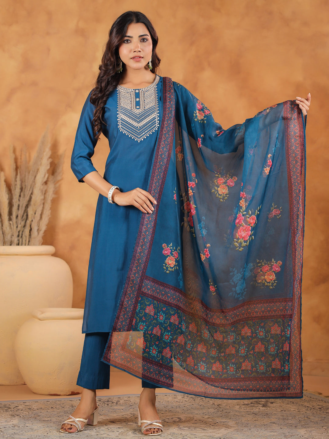 Janasya Dark Silk Blend Yoke Embroidery Straight Kurta Set | Swadesiicart