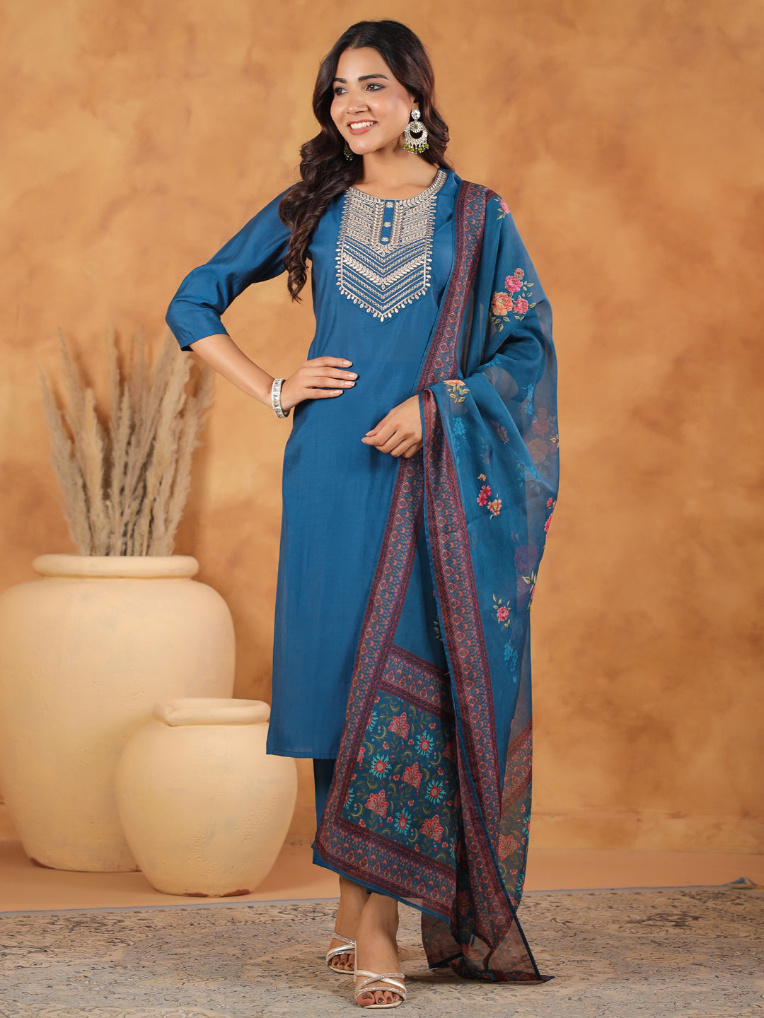 Janasya Dark Silk Blend Yoke Embroidery Straight Kurta Set | Swadesiicart