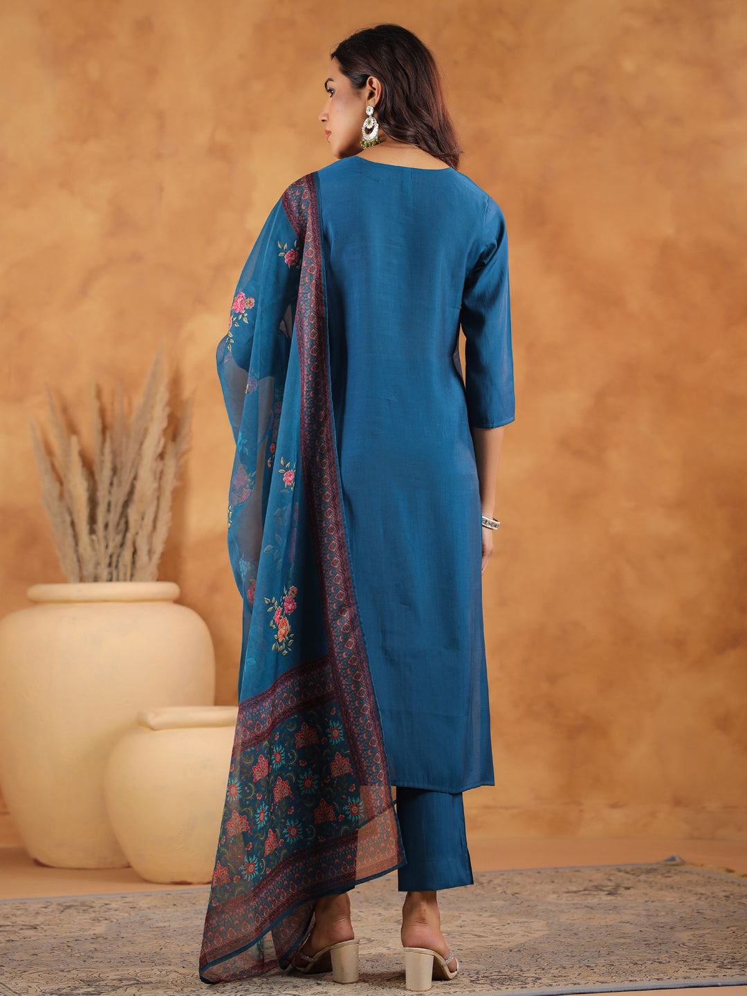 Janasya Dark Silk Blend Yoke Embroidery Straight Kurta Set | Swadesiicart