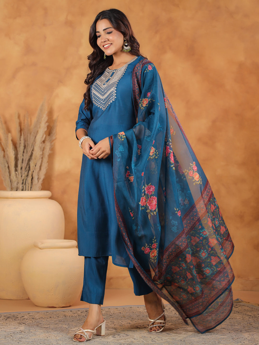 Janasya Dark Silk Blend Yoke Embroidery Straight Kurta Set | Swadesiicart