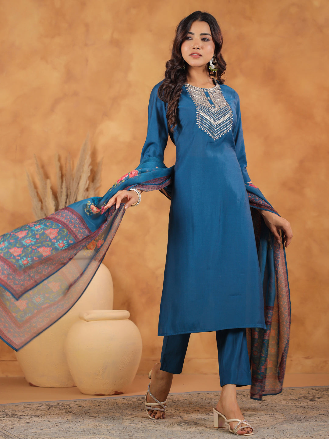 Janasya Dark Silk Blend Yoke Embroidery Straight Kurta Set | Swadesiicart