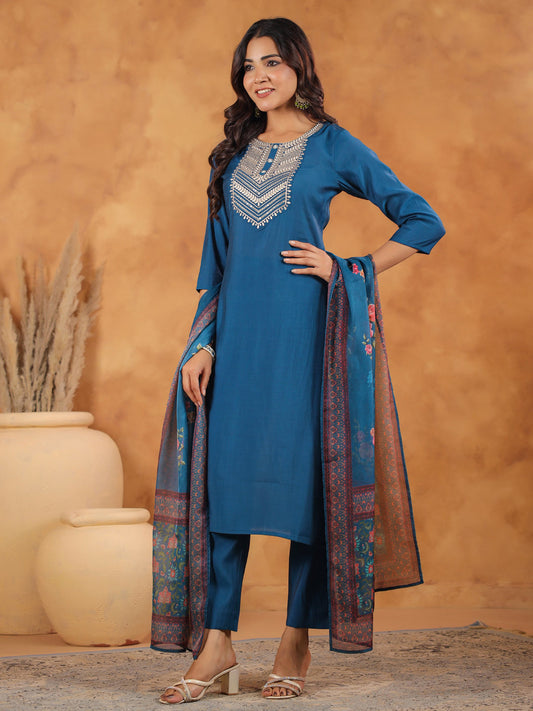 Janasya Dark Silk Blend Yoke Embroidery Straight Kurta Set | Swadesiicart