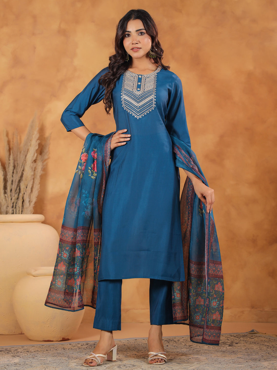 Janasya Dark Silk Blend Yoke Embroidery Straight Kurta Set | Swadesiicart