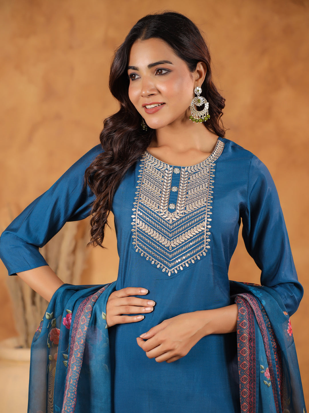 Janasya Dark Silk Blend Yoke Embroidery Straight Kurta Set | Swadesiicart