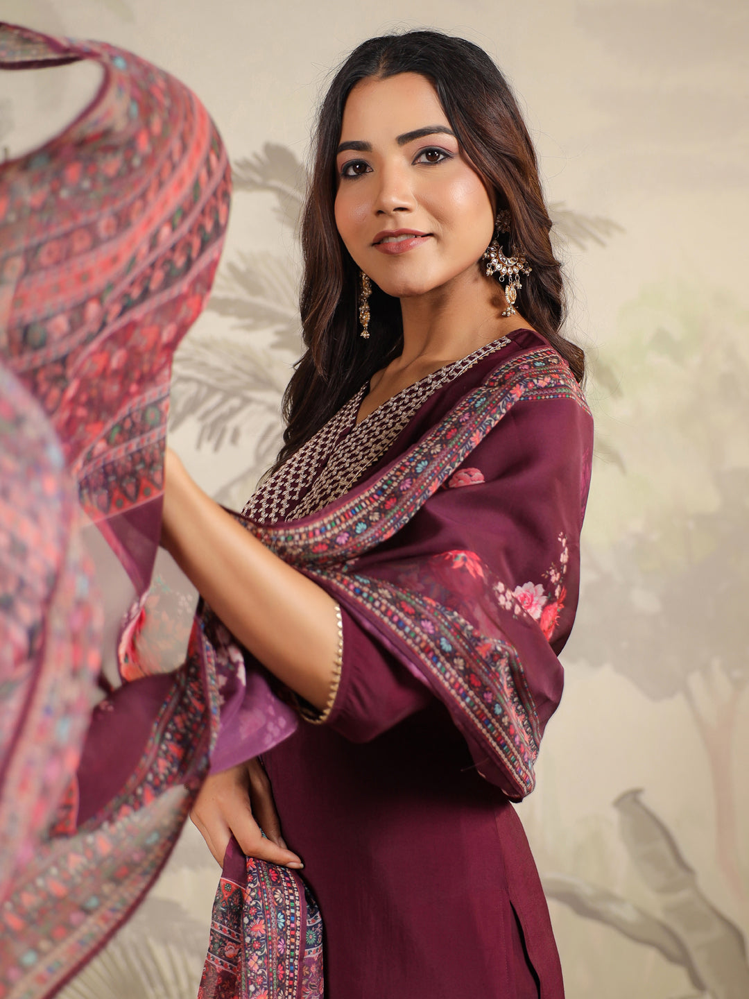 Janasya Dark Chanderi Yoke Embroidery Straight Kurta Set | Swadesiicart