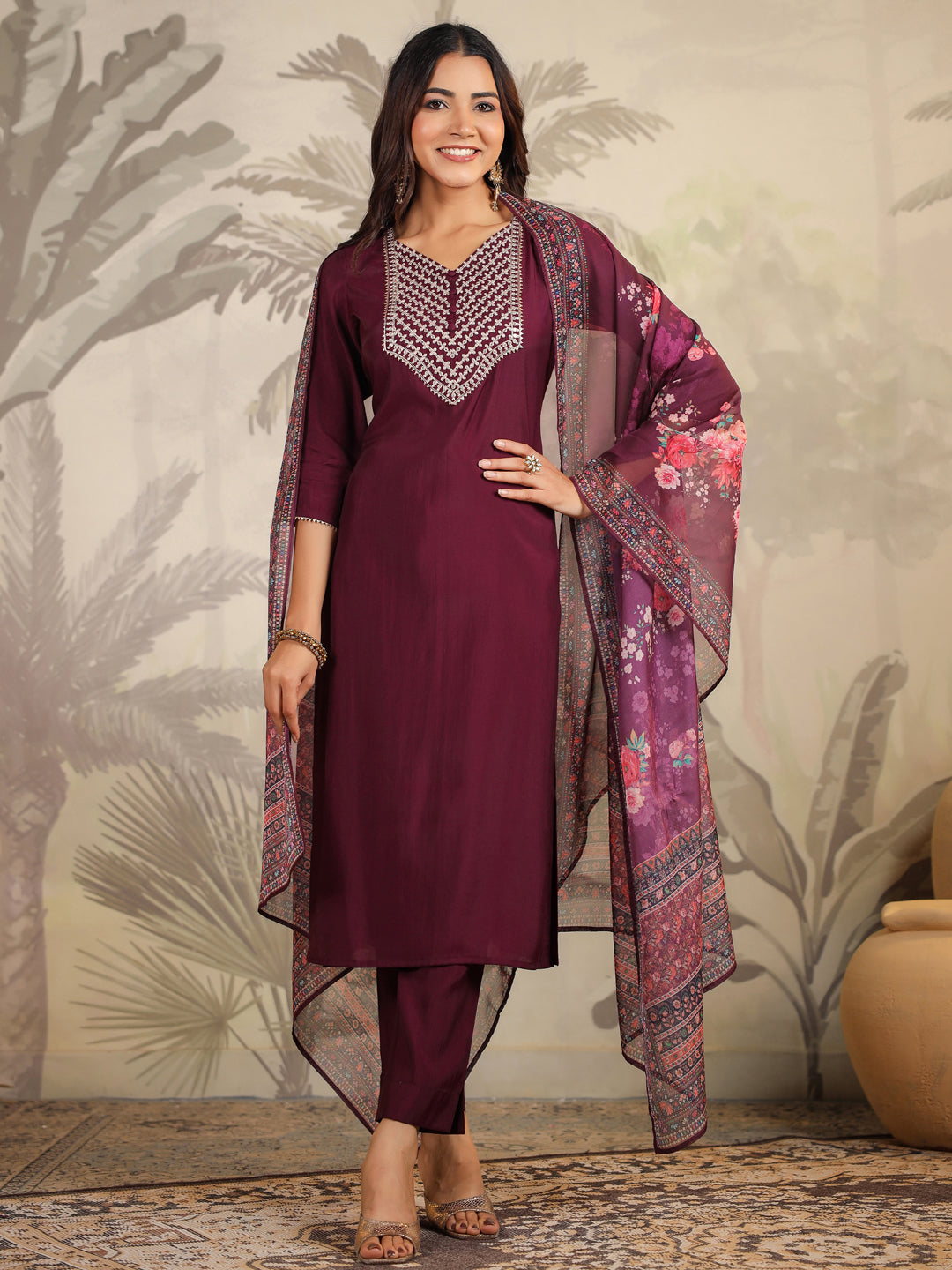 Janasya Dark Chanderi Yoke Embroidery Straight Kurta Set | Swadesiicart