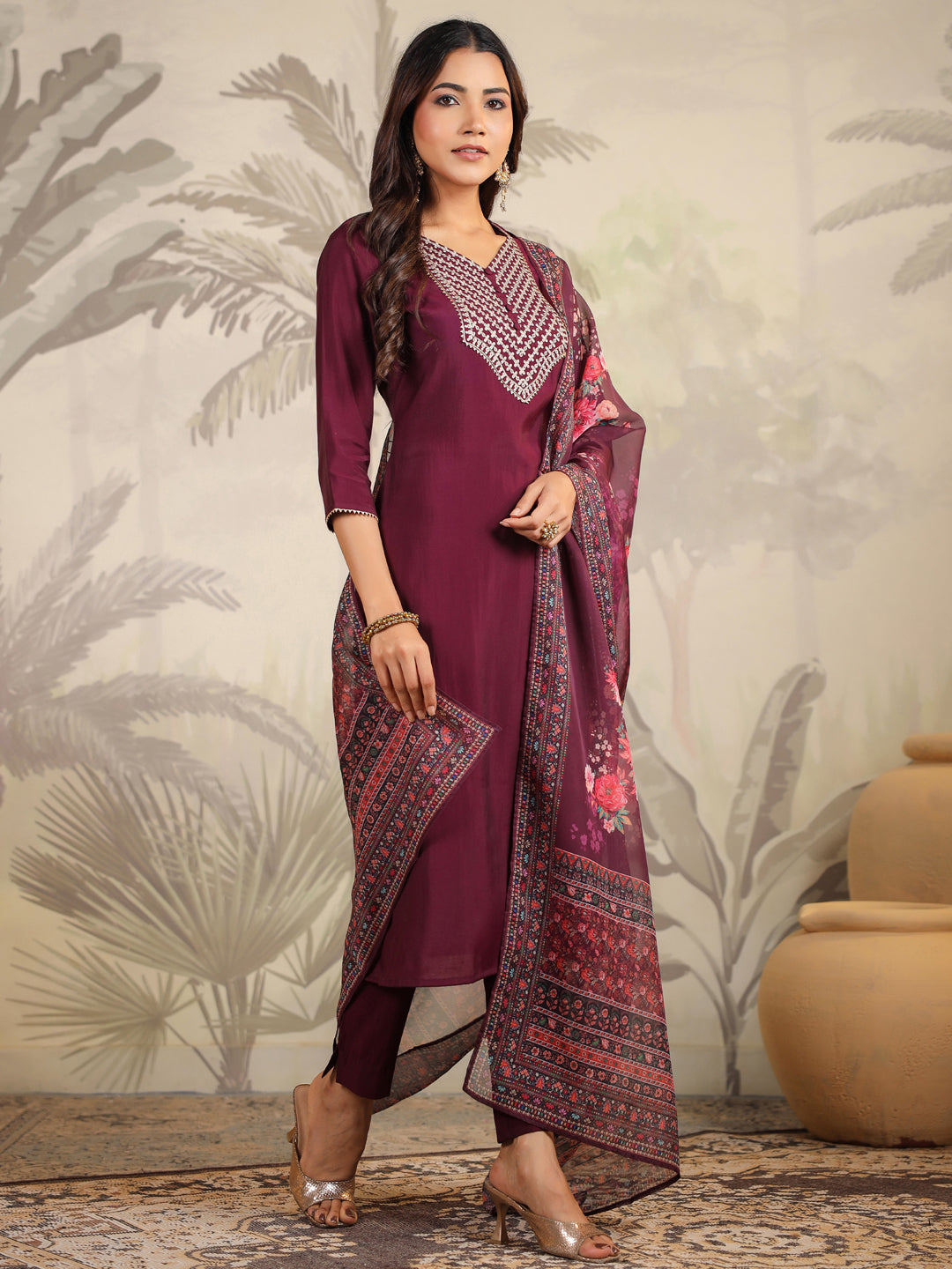 Janasya Dark Chanderi Yoke Embroidery Straight Kurta Set | Swadesiicart
